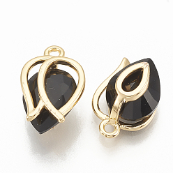 Black Brass Cubic Zirconia Charms, Flower, Real 18K Gold Plated, Black, 12x8x5mm, Hole: 1mm