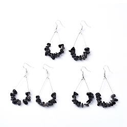 Obsidian Dangle Earrings, with Natural Black Obsidian Chips, Platinum Plated Brass Earring Hooks and teardrop, Pendants, 71~75mm, Pendant: 53.5~59mm, Pin: 0.5mm