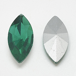 Med.Emerald Pointed Back Glass Rhinestone Cabochons, Back Plated, Faceted, Horse Eye, Med.Emerald, 12x6x3.5mm