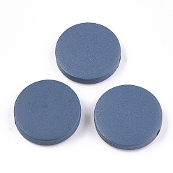 Steel Blue Painted Natural Wood Beads, Flat Round, Steel Blue, 19~20x4~5mm, Hole: 2mm