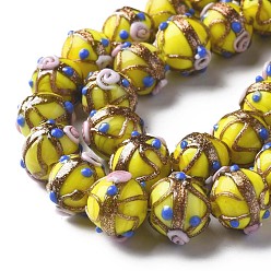 Yellow Handmade Gold Sand Lampwork Beads Strands, Round with Flower, Yellow, 13~15x11~13mm, Hole: 1.6mm, about 45pcs/strand, 20.47 inch~21.06 inch(52cm~53.5cm)