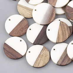 White Resin & Walnut Wood Pendants, Flat Round, White, 28.5x3.5~4mm, Hole: 1.5mm