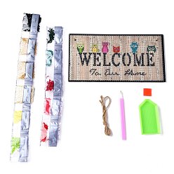 Colorful DIY Wall Decor Sign Diamond Painting Kits, Rectangle Wood Board & Owl with WELCOME, with Acrylic Rhinestone, Pen, Tray Plate, Glue Clay and Hemp Rope, Colorful, 0.3x0.3x0.1cm
