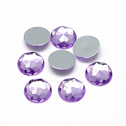 Pourpre Moyen Cabochons en acrylique strass dos plat, facette, argent fond plaqué, demi-tour / dôme, support violet, 8x3mm