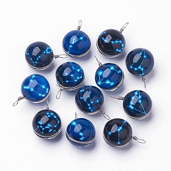 Constellation Luminous Glass Pendants, with Platinum Tone Brass Findings, Round with Constellation/Zodiac Sign, Random Mixed Constellations, 28~29x18~19mm, Hole: 4x5mm