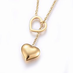 Golden 304 Stainless Steel Lariat Necklaces, with Lobster Claw Clasps, Heart, Golden, 17.3 inch(44cm), 1.5mm