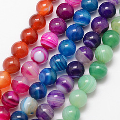 Mixed Color Natural Striped Agate/Banded Agate Bead Strands, Round, Grade A, Dyed & Heated, Mixed Color, 8mm, Hole: 1mm, about 47pcs/strand, 15 inch