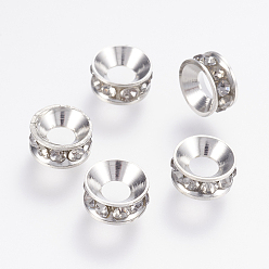 Crystal Brass Rhinestone Spacer Beads, Flat Round, Crystal, 9x4mm, Hole: 4mm