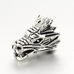 Antique Silver Tibetan Style Alloy Animal 3D Dragon Head Beads, Antique Silver, 17x11x11mm, Hole: 3mm