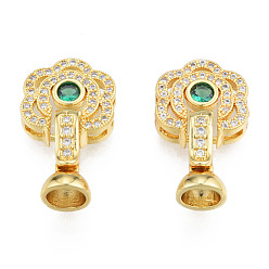 Real 18K Gold Plated Brass Pave Clear & Green Cubic Zirconia Fold Over Clasps, Nickel Free, Flower, Real 18K Gold Plated, Flower: 13.5x13.5x4.5mm, Clasp: 14x7x7mm, Inner Diameter: 5mm