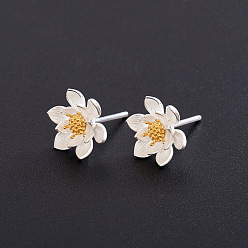 Golden SHEGRACE Adorable 925 Sterling Silver Ear Studs, Lotus Flower with Golden Tone Bud, Mixed Color, 10mm, Pin: 0.8mm