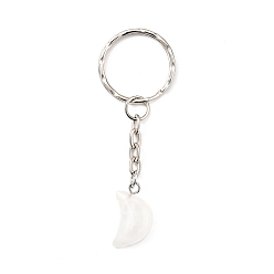 Quartz Crystal Natural Quartz Crystal Keychain, with Platinum Plated Iron Split Key Rings, Moon, 71mm