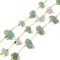 Green Aventurine Handmade Beaded Chain, with Brass Cable Chain & Chip Natural Green Aventurine Link Chain, Long-Lasting Plated, Soldered, Golden, 3~8x3~16mm, 32.80Feet/roll(10m/roll)