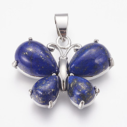 Lapis Lazuli Natural Lapis Lazuli Pendants, Butterfly, with Brass Finding, Platinum, 24x30x7.5mm, Hole: 4x7.5mm