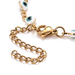 White Enamel Heart with Evil Eye Link Chains Bracelet, Vacuum Plating 304 Stainless Steel Jewelry for Women, Golden, White, 6-7/8 inch(17.5cm)