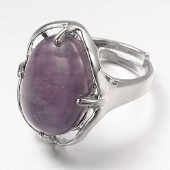 Amethyst Adjustable Oval Gemstone Wide Band Rings, with Platinum Tone Brass Findings, US Size 7 1/4(17.5mm)