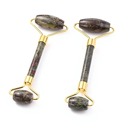 Dragon Blood Natural Dragon Blood Jasper Brass Face Massager, Facial Rollers, Golden, 142~150x54~58x19~22mm