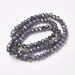 Slate Blue Electroplate Opaque Glass Beads Strands, Half Green Plated, Faceted, Rondelle, Slate Blue, 4x3mm, Hole: 0.4mm, about 130pcs/strand, 16.54 inch(42cm)