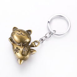 Or Antique Porte-clés alliage, Maneki neko / chat faisant signe, avec les accessoires en fer, Or antique, 90mm