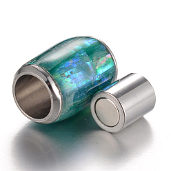 Medium Sea Green 304 Stainless Steel Enamel Magnetic Clasps with Glue-in Ends, with Shell, Barrel, Medium Sea Green, 16x13~14mm, Hole: 6mm