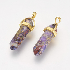 Dark Violet Synthetic Regalite Pointed Pendants, with Brass Findings, Dyed, Bullet, Golden, Dark Violet, 35~41x12.8x10mm, Hole: 3x4mm