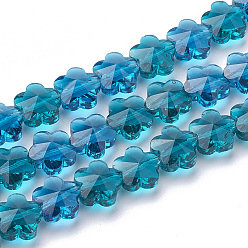 Dodger Blue Transparent Glass Beads, Faceted, Plum Blossom, Dodger Blue, 13x13.5x8.5mm, Hole: 1mm