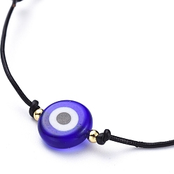 Blue Adjustable Cowhide Cord Bracelets, with Brass Beads and Handmade Evil Eye Lampwork Beads, Blue, Inner Diameter: 2-1/4 inch~3-7/8 inch(5.8~10cm)