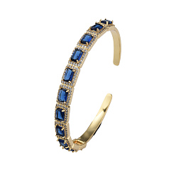 Medium Blue Cubic Zirconia Rectangle Open Cuff Bangle, Real 18K Gold Plated Brass Jewelry for Women, Medium Blue, Inner Diameter: 2-1/4 inch(5.7cm)