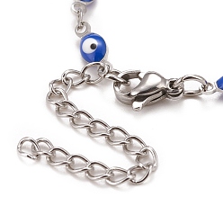 Blue Enamel Horse Eye Link Chains Bracelet, 304 Stainless Steel Jewelry for Women, Stainless Steel Color, Blue, 6-3/4 inch(17.1cm)