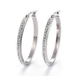 Stainless Steel Color 304 Stainless Steel Hoop Earrings, with Polymer Clay Rhinestone, Crystal, Stainless Steel Color, 43x30.5x3mm, Pin: 0.7x1mm