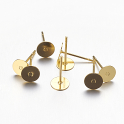 Golden Stud Earring Settings, Lead Free and Cadmium Free, Brass Head and Stainless Steel Pin, Golden, Tray: 6mm, Pin: 12mm