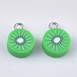 Lime Green Handmade Polymer Clay Pendants, with Iron Findings, Imitation Food, Kiwi Fruit, Platinum, Lime Green, 13~14x10x4.5~5mm, Hole: 1.8mm