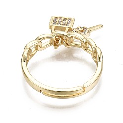 Real 16K Gold Plated Adjustable Brass Micro Pave Clear Cubic Zirconia Finger Rings, Nickel Free, Curb Chain Shape with Padlock & Key, Real 16K Gold Plated, Inner Diameter: 17mm