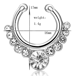 Clear Personality Brass Cubic Zirconia Clip-on Nose Septum Rings, Nose Piercing Jewelry, Circular/Horseshoe Barbell, Platinum, Clear, 17x16mm