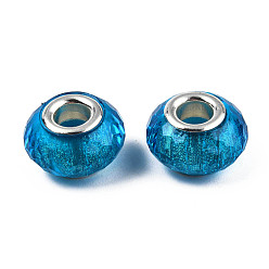 Deep Sky Blue Resin European Beads, Large Hole Beads, with Silver Color Plated Brass Cores, Faceted, Rondelle, Large Hole Beads, Deep Sky Blue, 13.5~14.5x9mm, Hole: 5mm