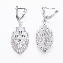 White Brass Micro Pave Cubic Zirconia Jewelry Sets, Pendants & Hoop Earrings & Finger Rings, Marquise/Horse Eye, Platinum, White, Size 6~10(16~20mm), 38.5x17x5.5mm, Hole: 5.5x4mm, 49x17x5.5mm, Pin: 1mm