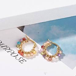 Mixed Color Cubic Zirconia Round Beads Braided Hoop Earrings, Wire Wrap 304 Stainless Steel Jewelry for Women, Golden, Mixed Color, 18.5x21x3mm, Pin: 1x0.7mm