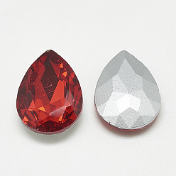 Light Siam Pointed Back Glass Rhinestone Cabochons, Back Plated, Faceted, teardrop, Light Siam, 14x10x4.5mm