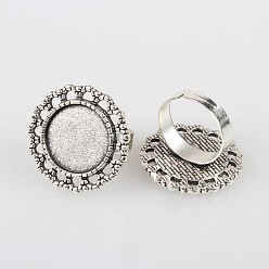Antique Silver Vintage Adjustable Iron Flower Finger Ring Components Alloy Cabochon Bezel Settings, Cadmium Free & Lead Free, Antique Silver, Flat Round Tray: 16mm, 17mm