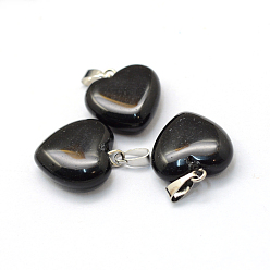 Black Stone Heart Natural Black Stone Pendants, with Platinum Tone Brass Findings, 17~19x15~16x5~8mm, Hole: 2x7mm