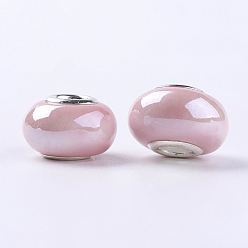 Pink Handmade Porcelain European Beads, with Silver Color Brass Double Cores, Rondelle, Pink, 15x10~11mm, Hole: 5mm