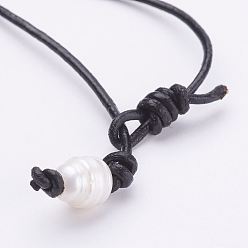 Black Grade B Natural Freshwater Pearl Necklaces, with Cowhide Leather Cord, Black, 14.96 inch(38cm)