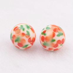 Orange Spray Painted Resin Beads, with Cherry Pattern, Round, Orange, 10mm, Hole: 2mm