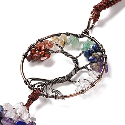 Mixed Stone Wire Wrapped Chakra Chips Natural Gemstone Big Pendant Decorations, with Red Copper Plated Brass Wires and Nylon Cord, Flat Round with Tree of Life, 160~180mm