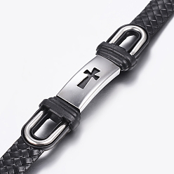 Noir Cuir PU bracelets de corde tressés, avec 304 accessoire en acier inoxydable, rectangle avec la croix, noir, 230mm, 10~16x2.5~8.5mm