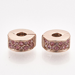 Light Rose Brass European Clasps, Large Hole Beads, with Rhinestone, Flat Round, Rose Gold, Light Rose, 11x5.5mm, Hole: 4mm