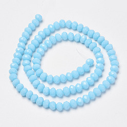 Cyan Opaque Solid Color Glass Beads Strands, Faceted, Rondelle, Cyan, 4x3mm, Hole: 0.4mm, about 130pcs/strand, 16.54 inch(42cm)