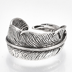 Antique Silver Alloy Cuff Finger Rings, Wide Band Rings, Feather, Antique Silver, Size 9, 19mm