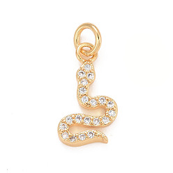 Real 24K Gold Plated Eco-Friendly Brass Micro Pave Cubic Zirconia Pendants, with Jump Ring, Long-Lasting Plated, Lead Free & Cadmium Free, Snake, Real 24K Gold Plated, 14x8x2mm, Hole: 2.9mm