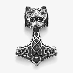 Antique Silver 304 Stainless Steel Pendants, Thor's Hammer with Tiger, Antique Silver, 42.5x30x20mm, Hole: 6mm